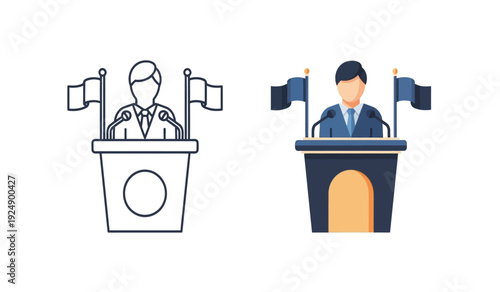 Two people standing at podiums with flags on either side giving a speech or presentation in a formal setting with debate