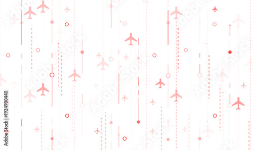 Abstract background with red airplane icons flying upwards on vertical routes. A minimalist and modern pattern representing air travel, transport, and logistics.