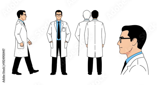 Multiple views of a man in a white lab coat, including side, front, back, and profile.