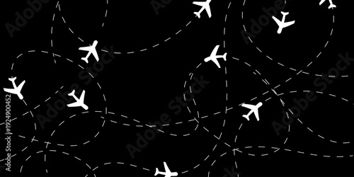 Vector illustration of white airplane silhouettes with dotted flight paths. A seamless pattern representing air traffic, travel routes, and global connections on a black background.