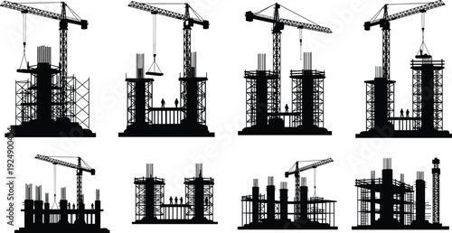 Set of eight black construction site silhouettes with tower cranes and scaffolding showing building construction stages vector illustration isolated on white background
