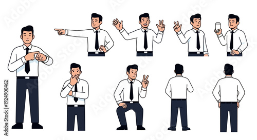 Collection of cartoon businessman poses, showing various gestures and actions in a professional setting.
