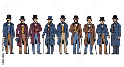 A detailed illustration of nine men in formal Victorian-era attire, each standing with a cane or hat.