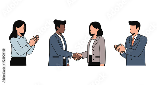 Business professionals shaking hands and applauding in a meeting.