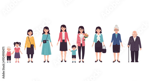 A diverse group of people representing different ages and stages of life, from children to elderly individuals.