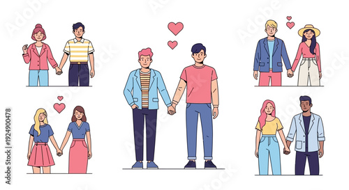 A collection of diverse couples holding hands, symbolizing love and relationships across different pairings.