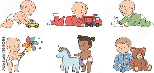Cute Baby Activities and Toys Vector Illustration Set with Crawling Infants, Teddy Bear, Unicorn, Pinwheel, and Playtime Scenes for Nursery and Parenting Design