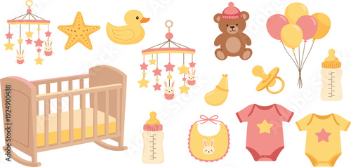 Cute Baby Shower and Nursery Elements Vector Set with Crib, Toys, Clothes, Bottles, and Teddy Bear for Infant Care, Parenting, and Kids Design