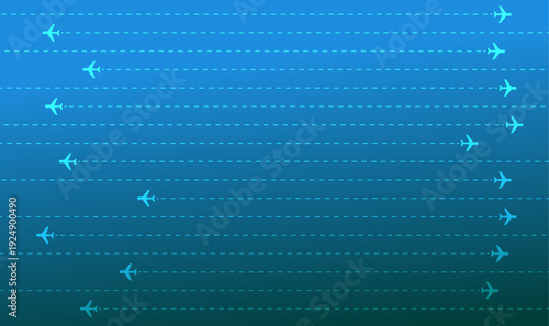 Vector illustration of multiple airplanes flying on parallel dashed flight paths. Concept for aviation, air traffic, travel, and global logistics.
