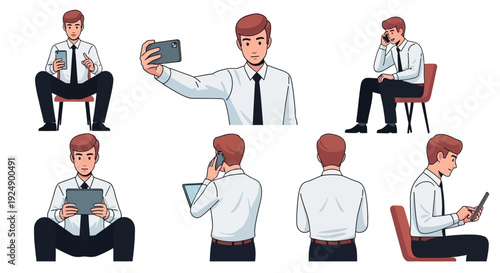 Collection of illustrations depicting a businessman in various poses using digital devices like smartphones and tablets.
