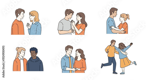 Collection of diverse couples in various romantic and affectionate poses, illustrating relationships and connection.