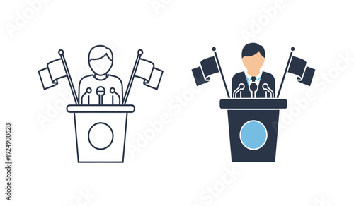 Two people standing at podiums with microphones and flags on either side in a line drawing style