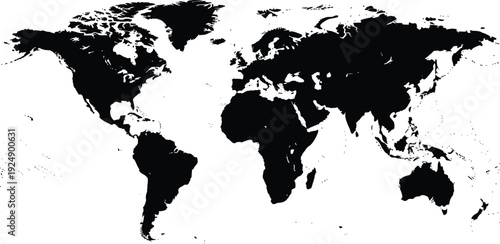 Detailed Black World Map Silhouette with Precise Geographic Borders and Continents for Global Logistics International Business Tracking Travel Infographics and High Contrast Graphic Designs