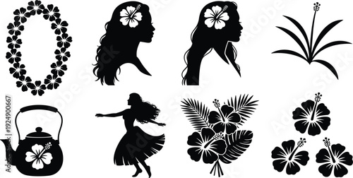 Collection of Black Silhouettes of Hawaiian Themed Elements on White Background luau hula