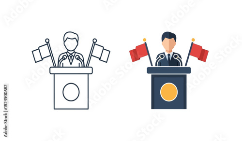 Two businessmen standing at podiums with flags on either side in a colorful and line art style