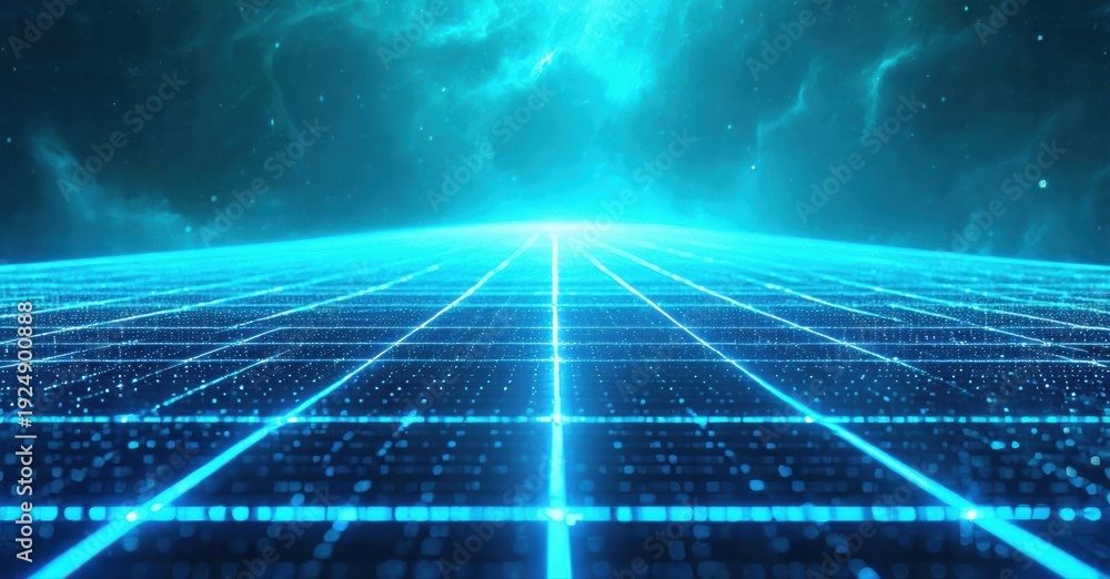 Obraz premium Bright blue grid extends toward horizon. Dark background suggests digital space, future, or virtual reality concept. Lines converge.
