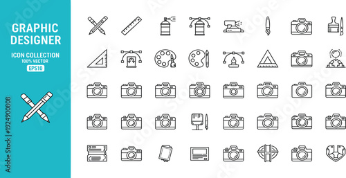 Graphic Designer Line Icon Set with Creative Tools, Camera, Drawing Equipment, and Photography Symbols for Design Studio, Branding, Web, and Print Projects