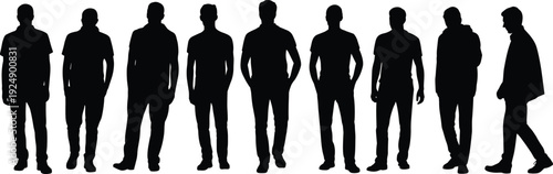 Black silhouette illustration of nine standing male figures in varied poses, casual stances, human posture, body language, group vector design
