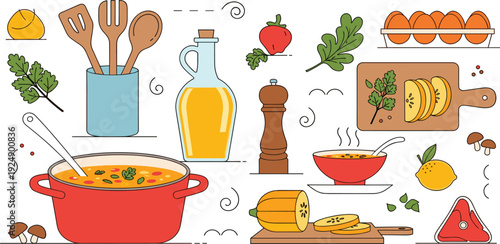 Healthy Cooking Concept Vector with Kitchen Utensils Olive Oil Fresh Vegetables Soup Pot Cutting Board Eggs and Herbs for Culinary Blog Recipe App and Food Packaging Designs
