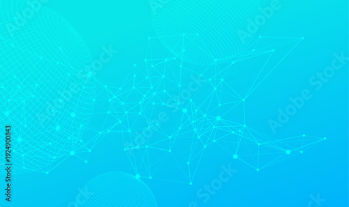 Abstract blue and cyan background with a futuristic technology theme. Features a digital network of connected dots and lines and wireframe globes.