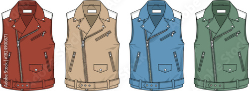 Set of sleeveless biker jackets in red, beige, blue, and green colors with zippers, pockets, lapels, and belted waist design