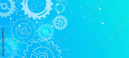 Abstract technology background with interconnected gears and a digital network plexus. Modern blue graphic for engineering, industry, and automation concepts.