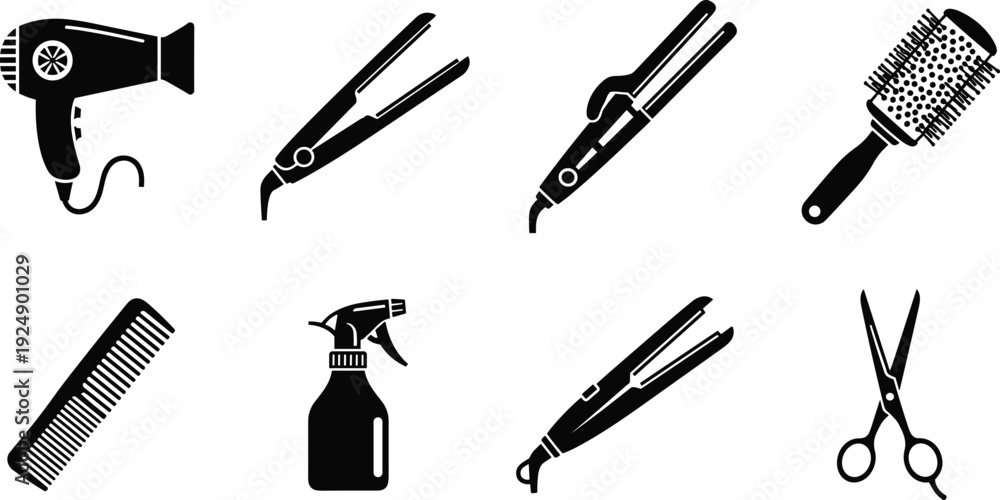 Obraz premium Silhouette icons of hair styling tools including dryer, straighteners, brush, comb, spray bottle, and scissors for beauty and grooming