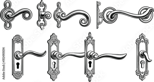 Silhouette collection of ornate vintage door handles and keyhole plates, showcasing antique craftsmanship, decorative design, and historical architecture
