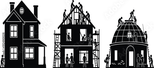 Silhouette illustration of three houses in different construction stages, including completed traditional home, framed building, and dome-shaped structure with workers