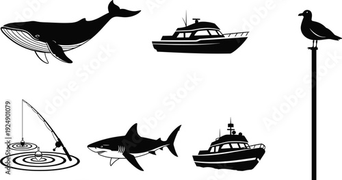 Silhouette illustration set featuring whale, shark, motorboats, fishing rod with bobber, and seagull perched on pole, marine life concept