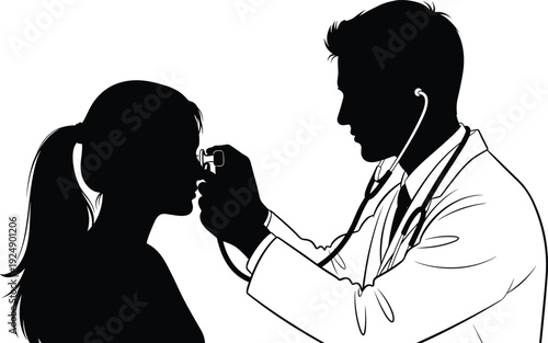 Silhouette of doctor performing routine eye examination with ophthalmoscope on patient, representing healthcare, medical check-up, and vision care