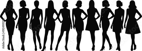 Black silhouette illustration of ten women in dresses and high heels, varied hairstyles, postures, fashion diversity, stylish female group vector design