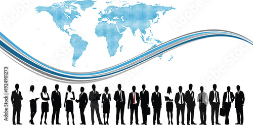 Professional Business People Silhouettes Standing Under Blue Digital World Map with Abstract Waves for Global Partnership International Corporate Networking and Worldwide Communication Concepts