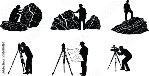 Silhouettes of men using mobile phones and person pushing baby stroller, casual lifestyle technology poses, modern daily life illustration