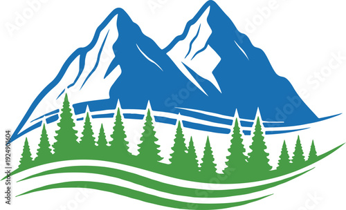 Stylized mountain landscape with snowy peaks and evergreen trees.