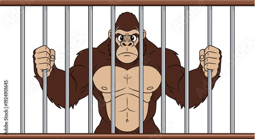 Strong cartoon gorilla behind metal bars with muscular build, stern expression, gripping cage, symbolic confinement, powerful animal character illustration