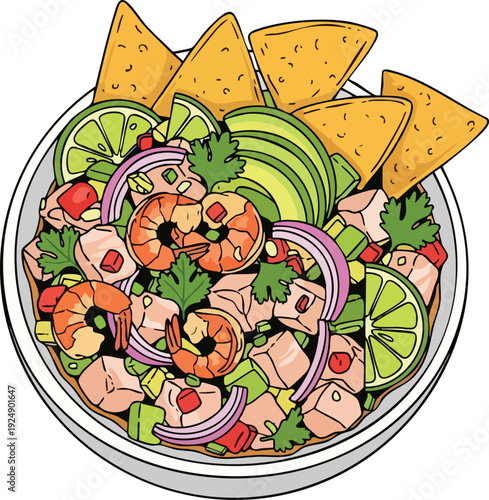 Delicious and vibrant ceviche bowl with shrimp fish avocado and tortilla chips.