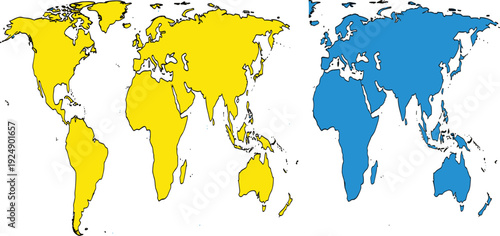 Simplified World Map Silhouette Set in Yellow and Blue Flat Design for Global Infographics Logistics Tracking International Travel and Corporate Business Presentations