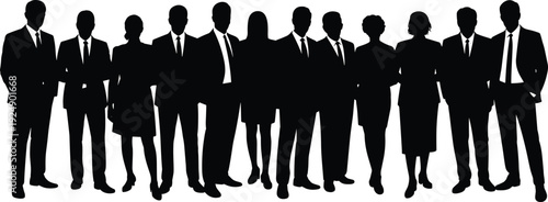Black silhouette illustration of thirteen business professionals in suits and dresses, corporate group teamwork, diversity, organization, professional attire, vector design