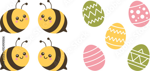 Cute bee characters circle and colorful easter egg illustration set in playful spring cartoon style