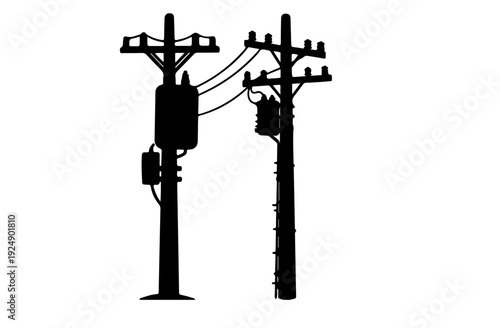 Black electric utility pole silhouette , power distribution poles with transformers