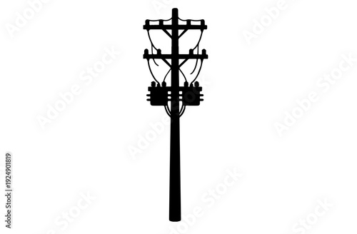 Black electric utility pole silhouette , power distribution poles with transformers