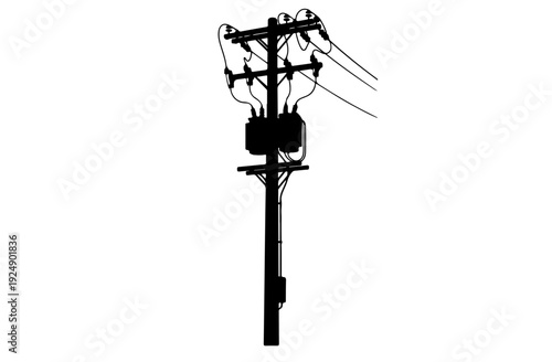 Black electric utility pole silhouette , power distribution poles with transformers