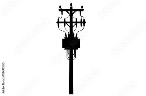 Black electric utility pole silhouette , power distribution poles with transformers