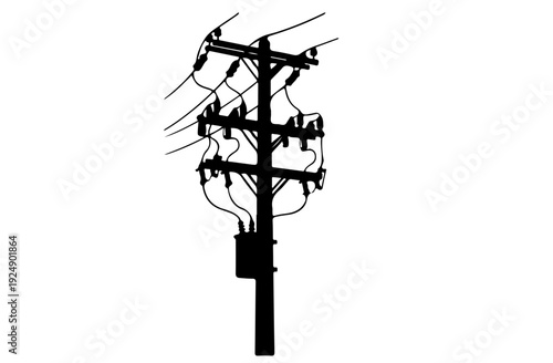 Black electric utility pole silhouette , power distribution poles with transformers