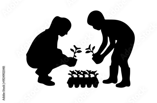 Black gardener silhouette  people working in garden, lawn mowing, planting, trimming, watering silhouette