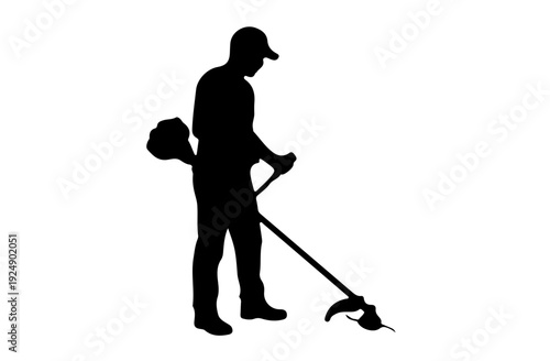 Black gardener silhouette  people working in garden, lawn mowing, planting, trimming, watering silhouette