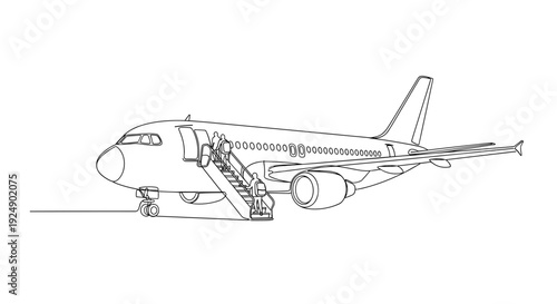 Line art passenger airplane with boarding stairs in minimal style