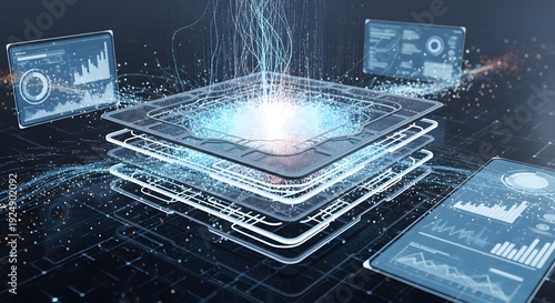 Abstract AI data processing layers with digital analytics screens