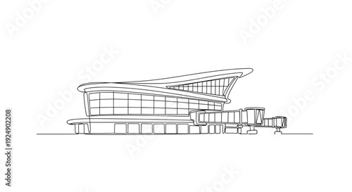 Line art modern airport terminal building with glass facade